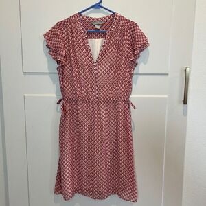 H&M Women's Size 12 Red‎ White Geometric Print Flutter Sleeve Tie Waist Dress